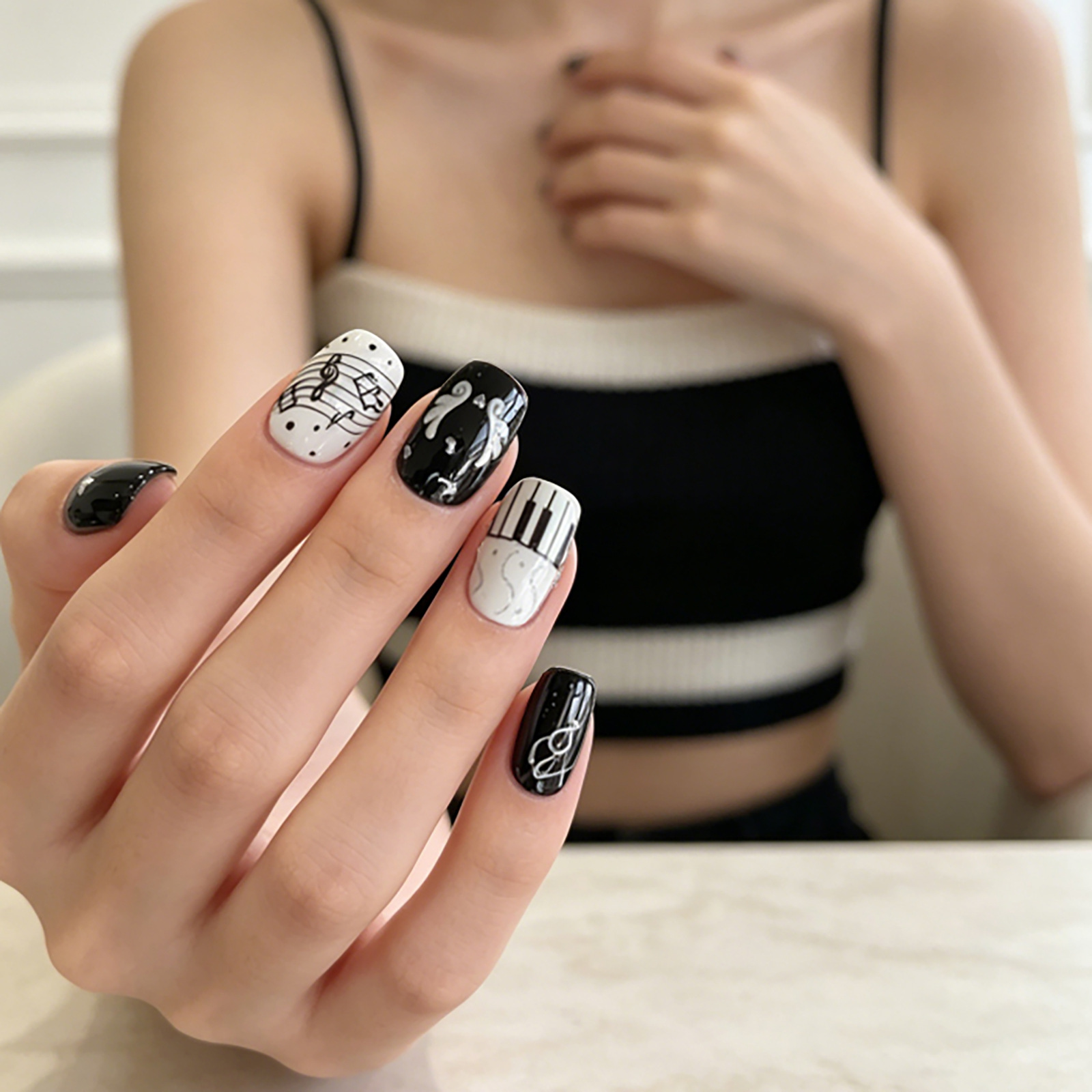 Black White Piano Note Nail St - Musical Instrument Painting ulasan dan harga